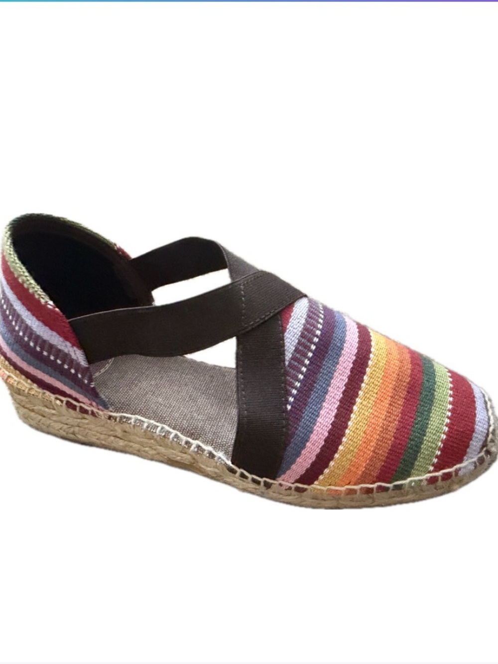 Toni Pons Striped Espadrille Wedge with Brown Elastic Cross Strap